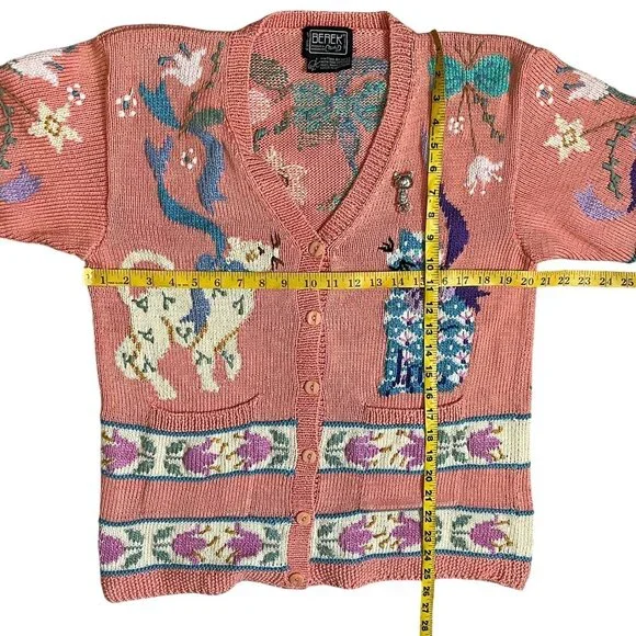 Berek 1989 Hand-Knit Cat Sweater Cardigan + Vintage Cat Brooch 100% Pima Cotton - Picture 8 of 8